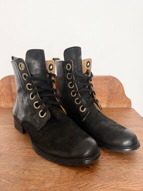 John Fluevog Black Lace-Up Leather Ankle Boots with Eyelets